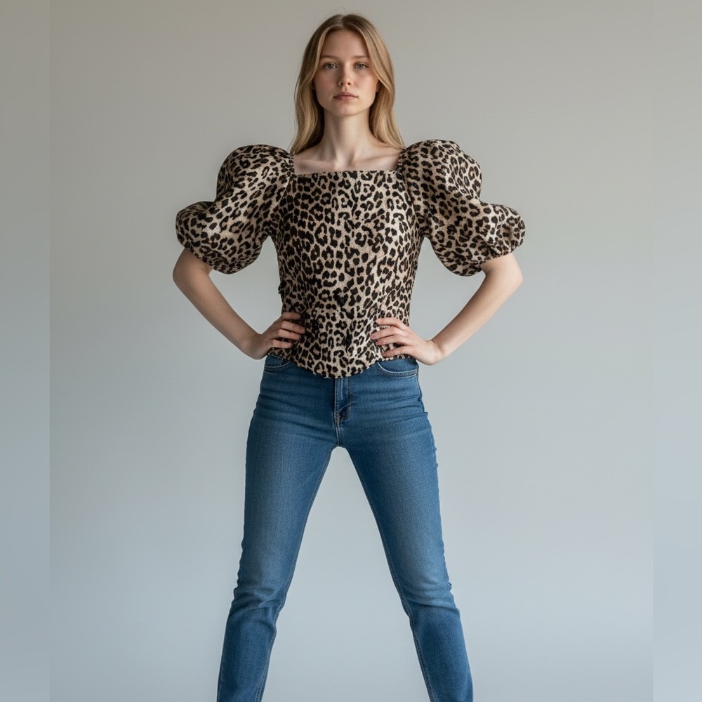 Leopard Print Puff Sleeve Women’s Top - Brown